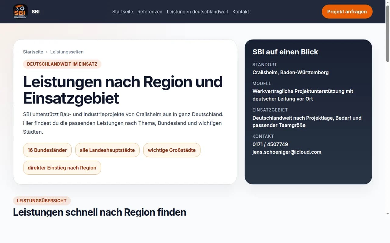 SBI-Service Leistungsübersicht – individuelle SEO-Landingpages je Gewerk