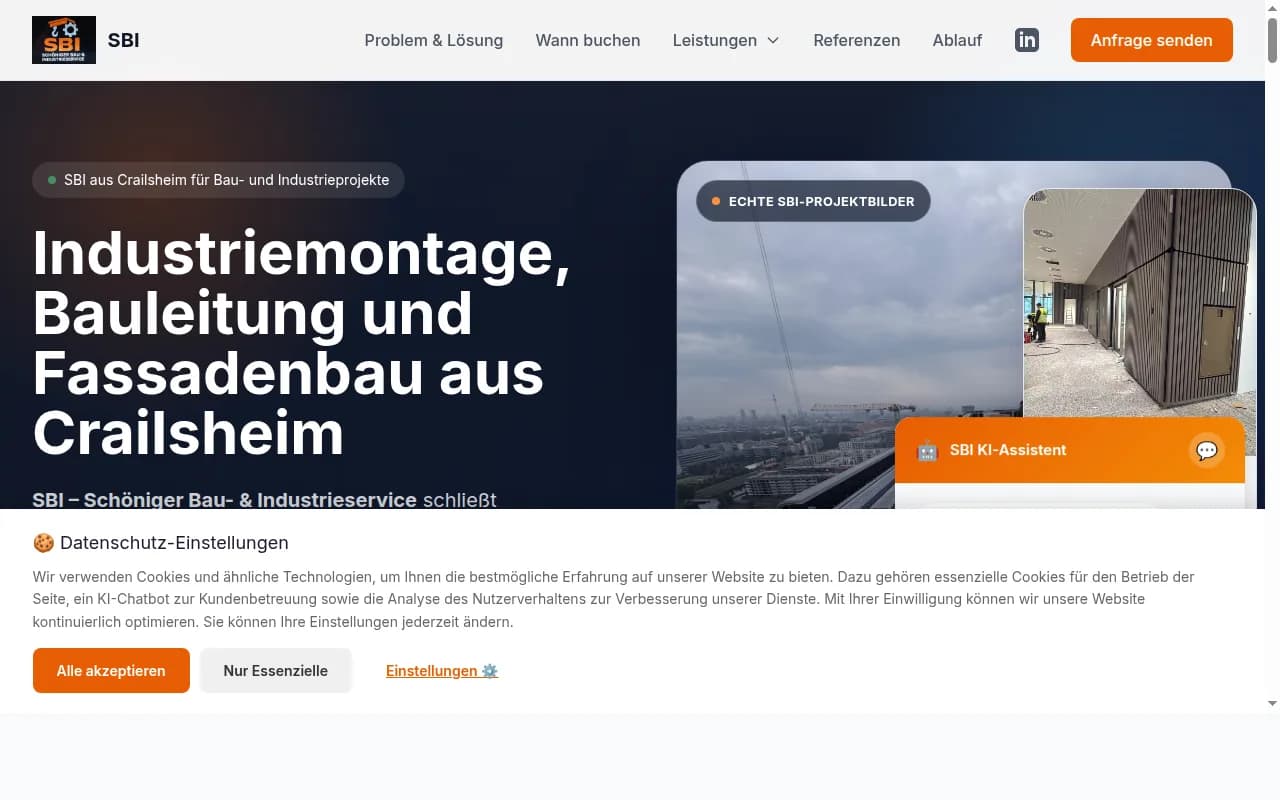 SBI-Service Website Startseite – Fassadenbau, Lüftungsbau und Industriemontage